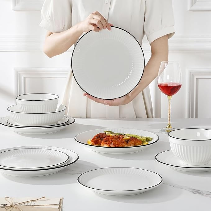 24 Piece White Dinner Set for 6 Embossed Porcelain Plates Bowls Black Rim