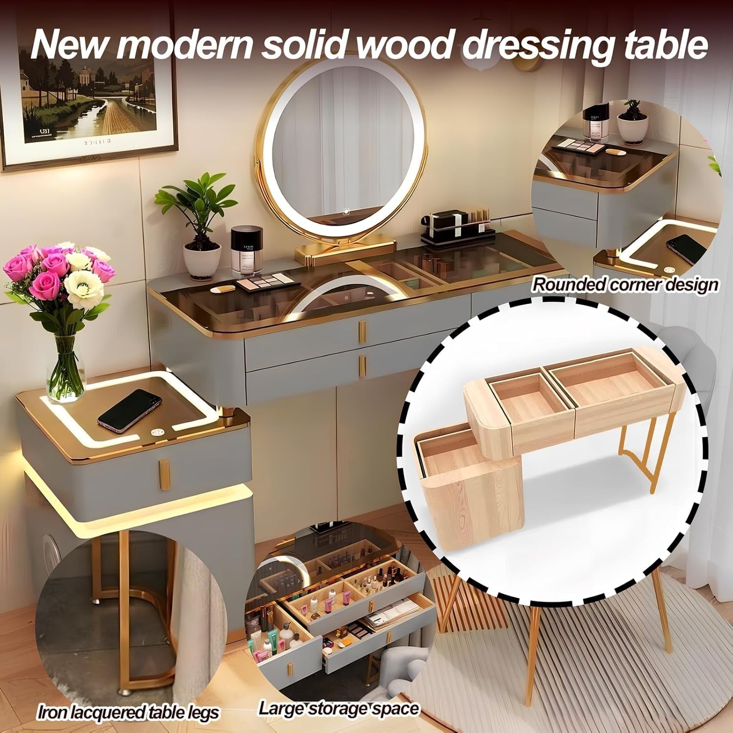 Modern Vanity Dressing Table Set w/ Mirror, Tri-Color LED Lights, Wireless Charg
