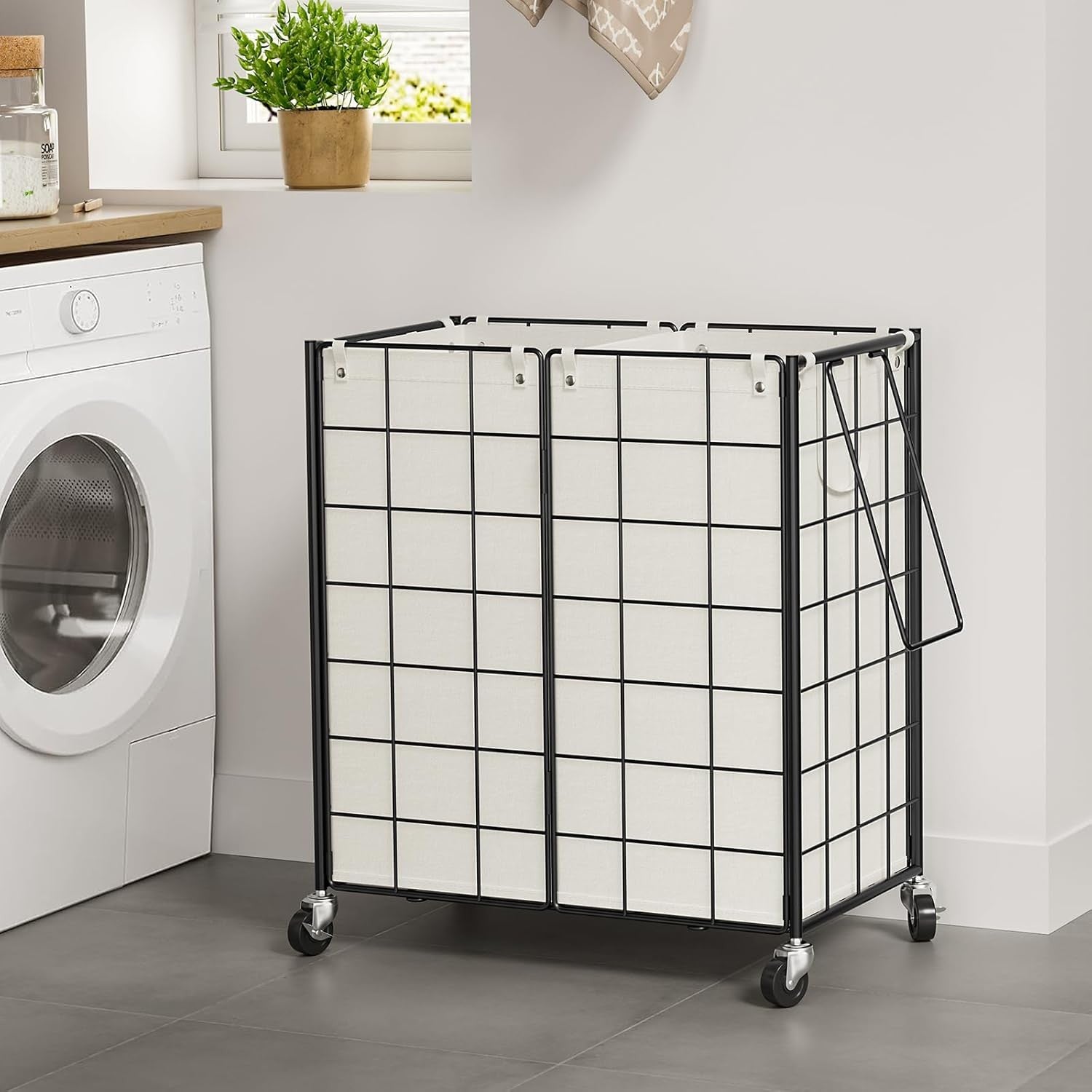 120L Double Laundry Hamper on Wheels with 2 Removable Bags Metal Rolling Basket