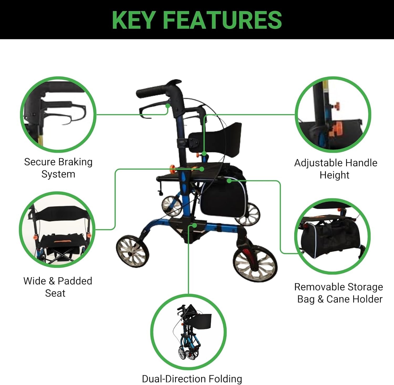 Lightweight 4 Wheel Rollator Walker with Seat Folding Adjustable Mobility Aid