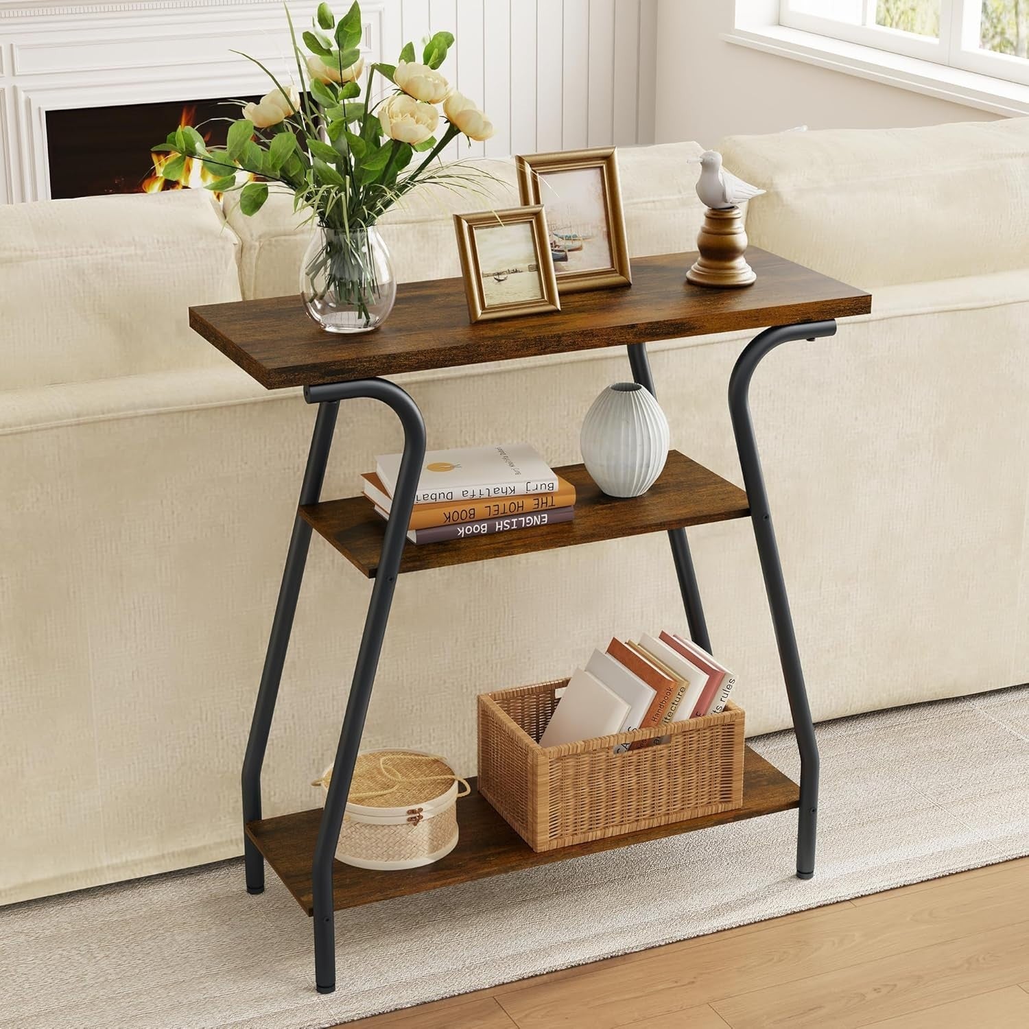 3 Tier Hallway Console Table with Shelves – Slim Rustic Entryway Unit