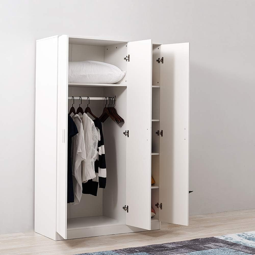 Modern 3 Door White Wardrobe with Hanging Rail & Foldable Storage Shelves