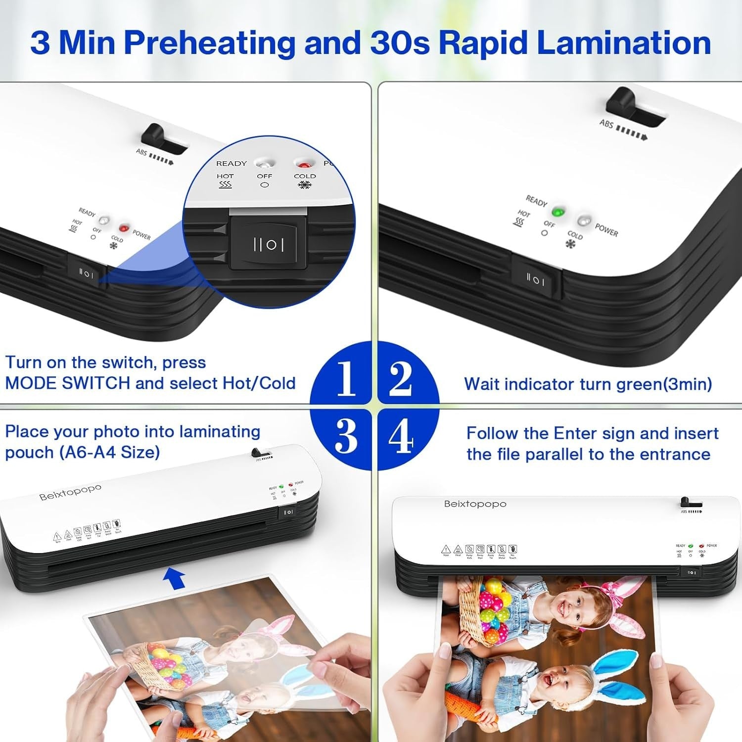 9” A4 Laminator Hot Cold 6-in-1 Anti-Jam Fast Warm-Up + Pouches