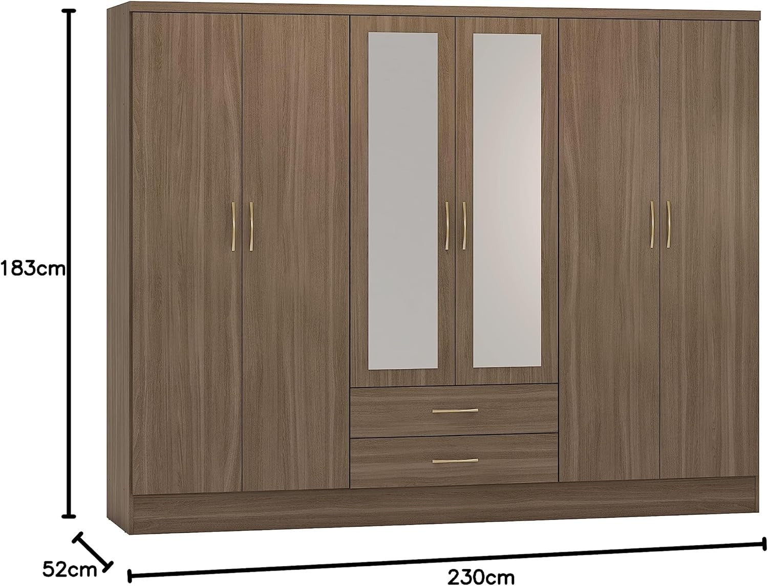 6 Door Rustic Oak Wardrobe with 2 Drawers & Mirrors – Spacious Storage Unit
