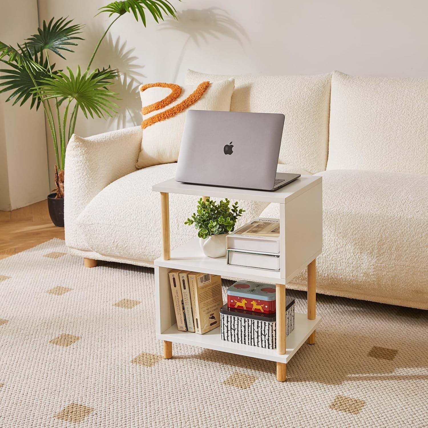Modern White S-Shaped Side Table with Storage Shelves & Natural Wood Legs