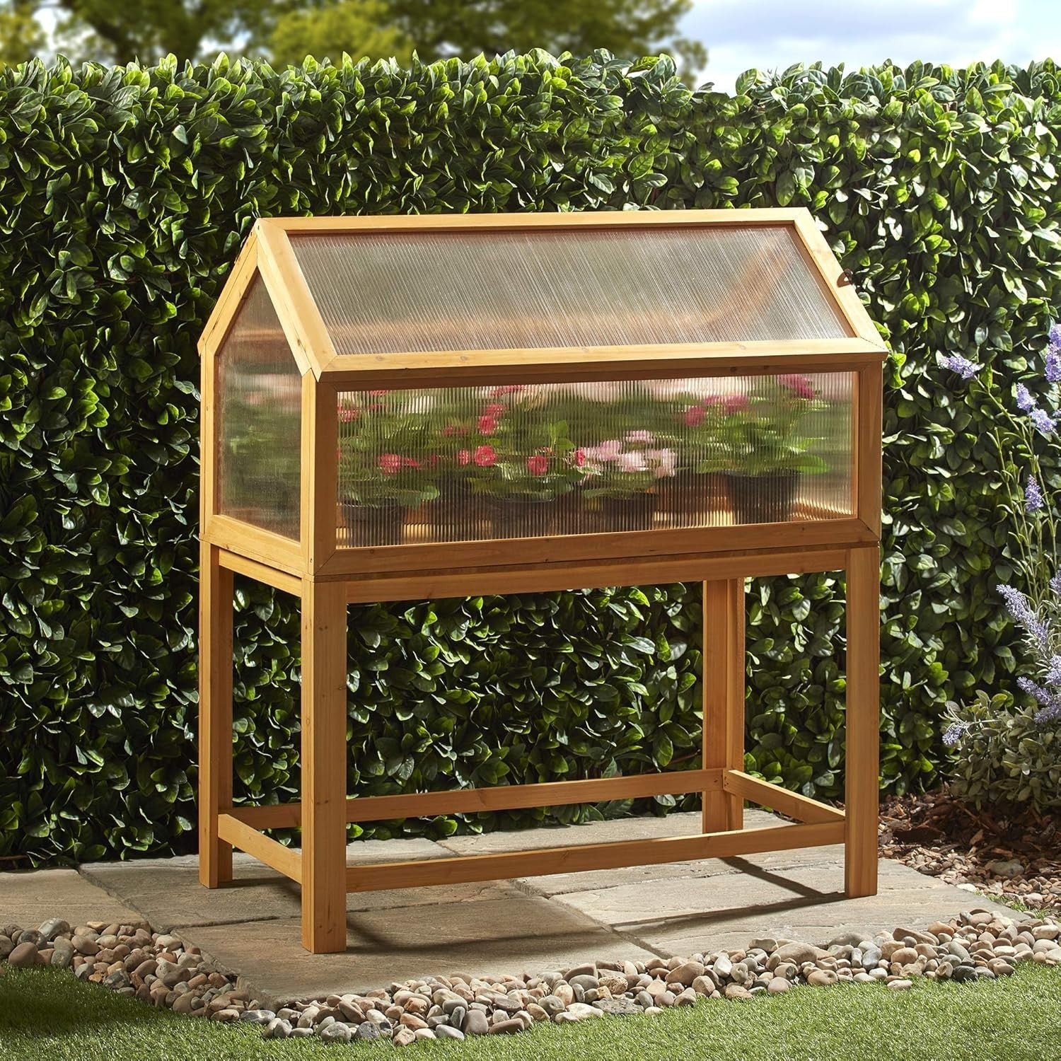 Raised Wooden Cold Frame Greenhouse with Hinged Lid 90x51x104cm Polycarbonate