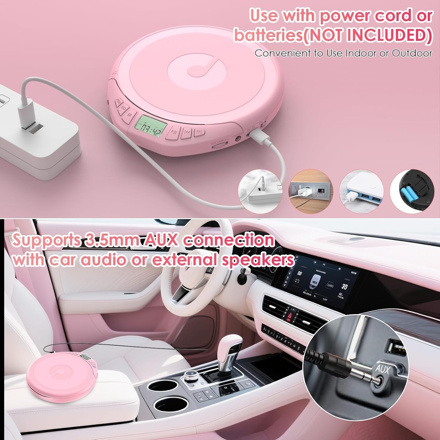 Personal CD Player Portable Anti-Skip LCD Display AUX Car Earphones Pink