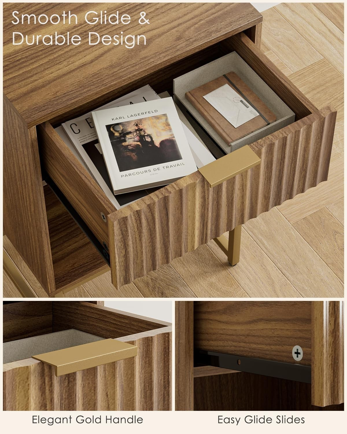 Walnut Bedside Table with Drawer & Shelf – Modern Fluted Wood