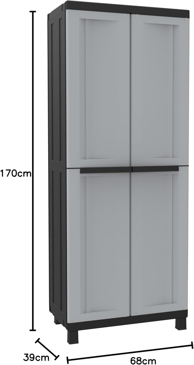 Lockable 2-Door Plastic Storage Cabinet with 3 Adjustable Shelves – 68x39x170cm