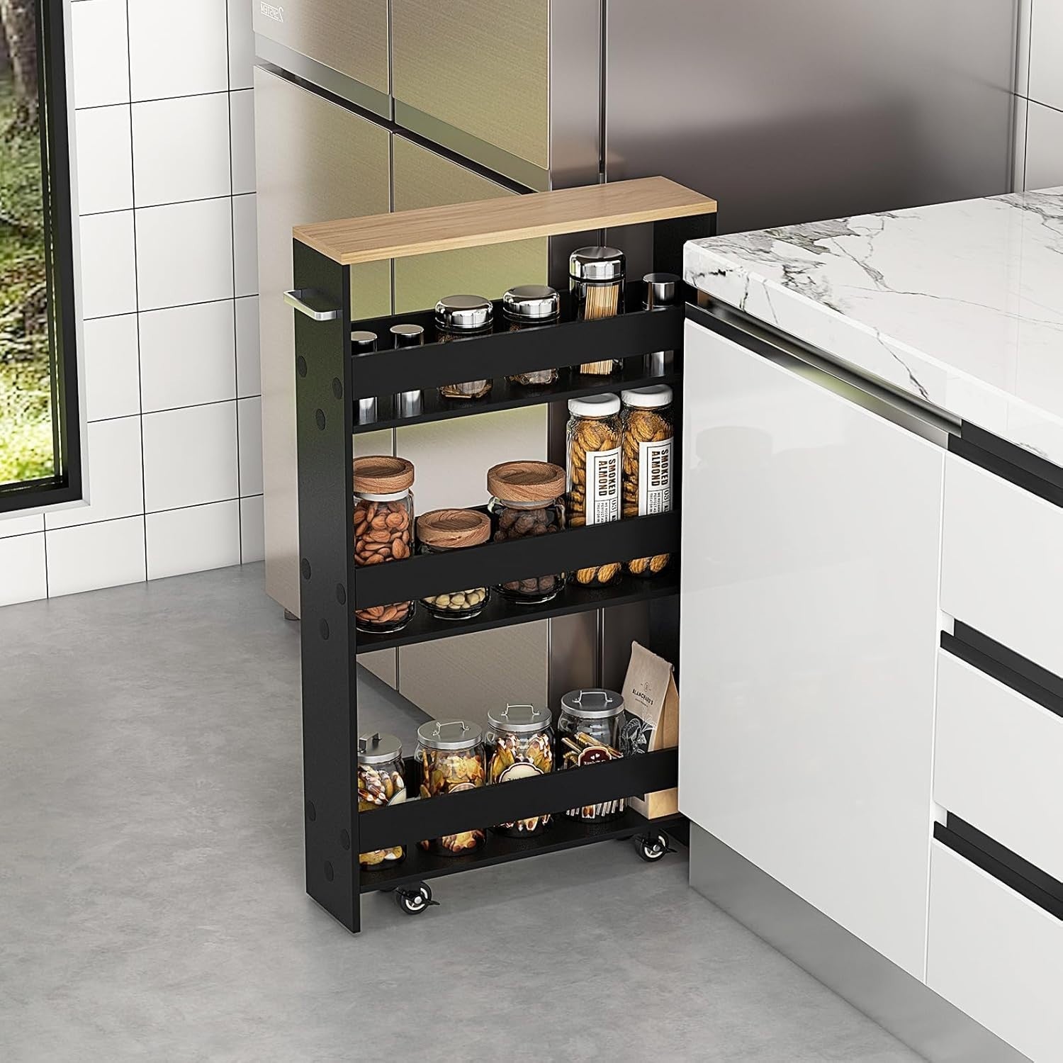 Slim 4 Tier Rolling Storage Cart Narrow Utility Trolley Black Natural