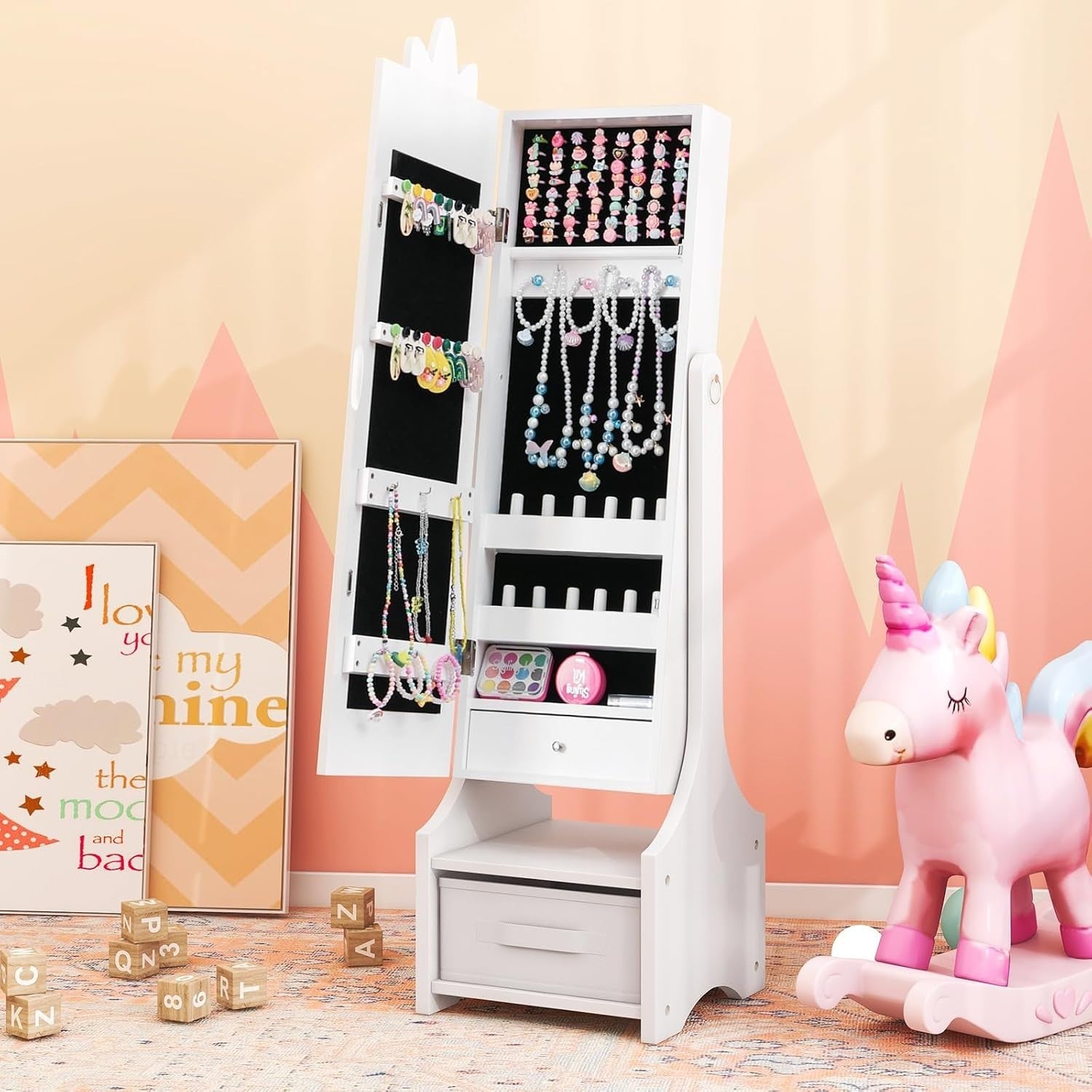Kids Jewelry Cabinet Mirror Organizer Adjustable Princess Storage Unicorn