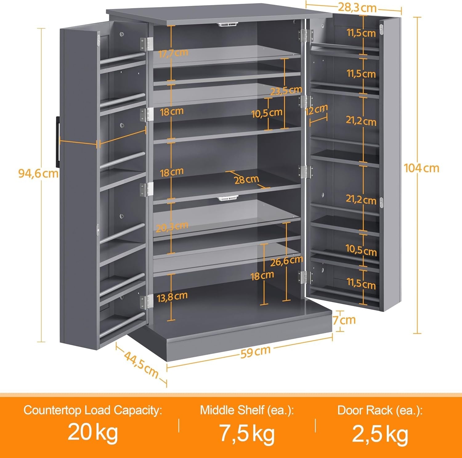 Dark Grey Kitchen Cupboard 6 Shelf Wooden Pantry Storage Cabinet Unit