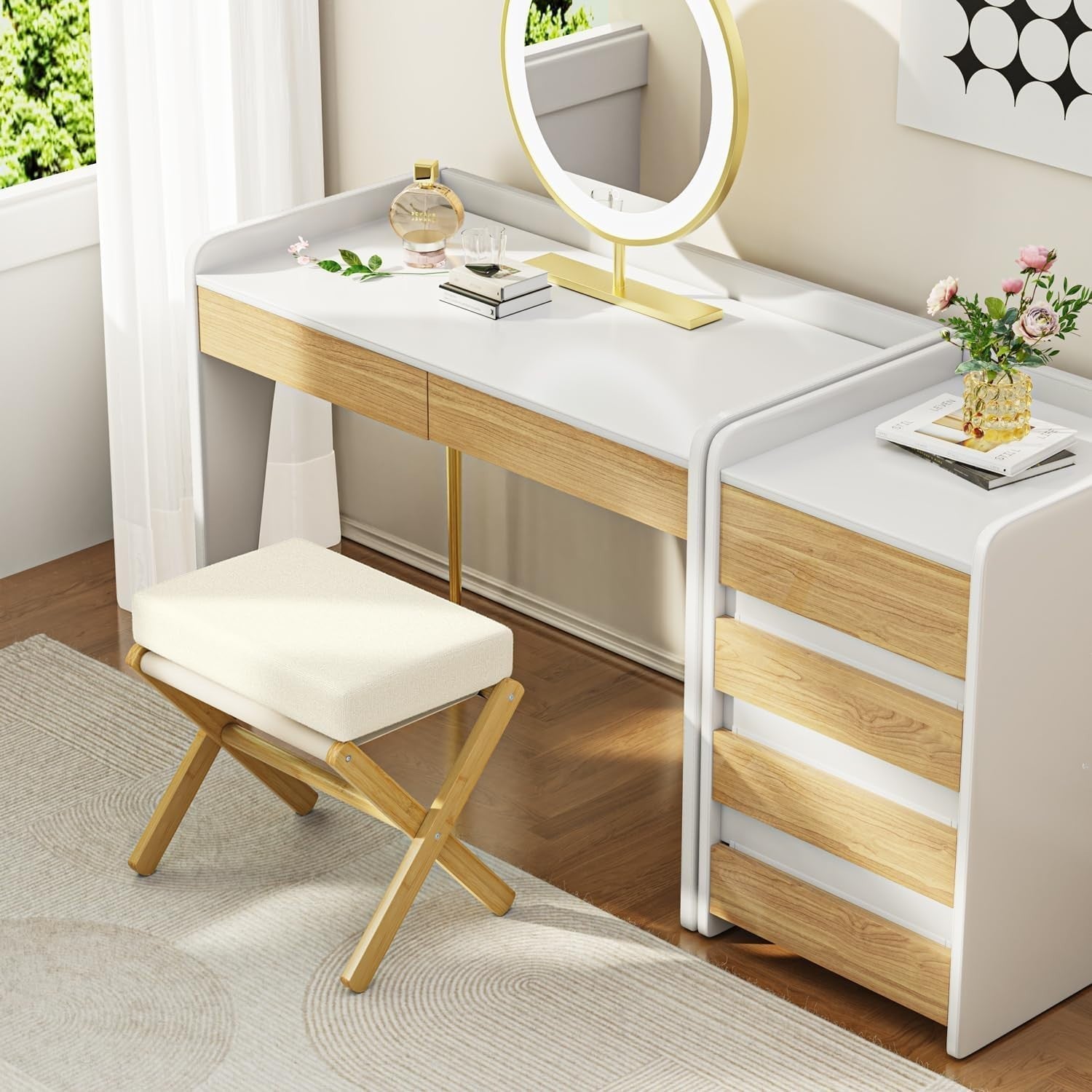 Natural Bamboo Foldable Footstool Ottoman with Beige Chenille Cushion