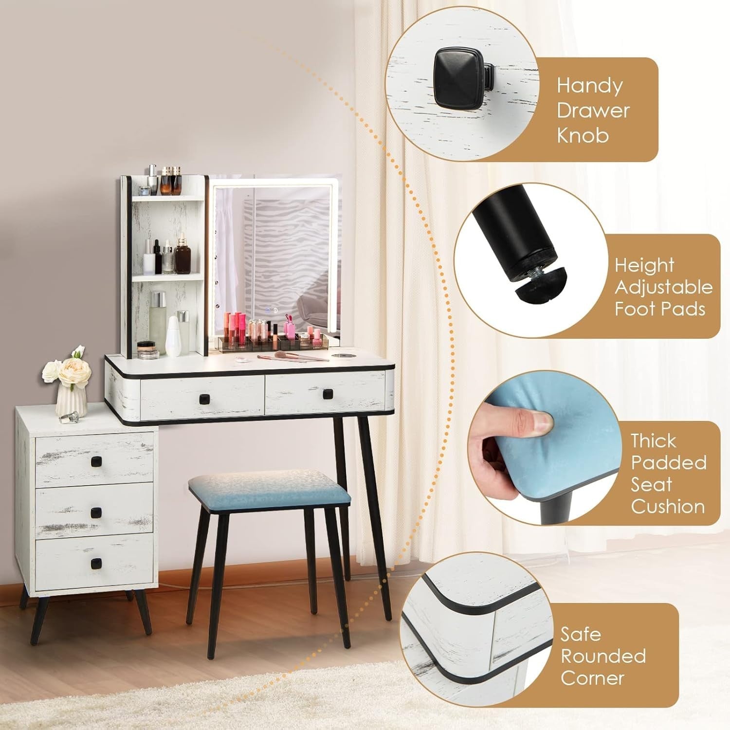 Vanity Makeup Dressing Table Set w/ LED Light Mirror Stool Charging Station
