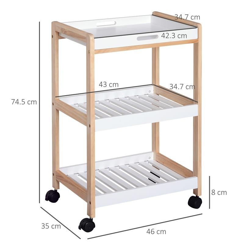3-Tier Rolling Kitchen Trolley with Tray & Shelves – White Wood Storage