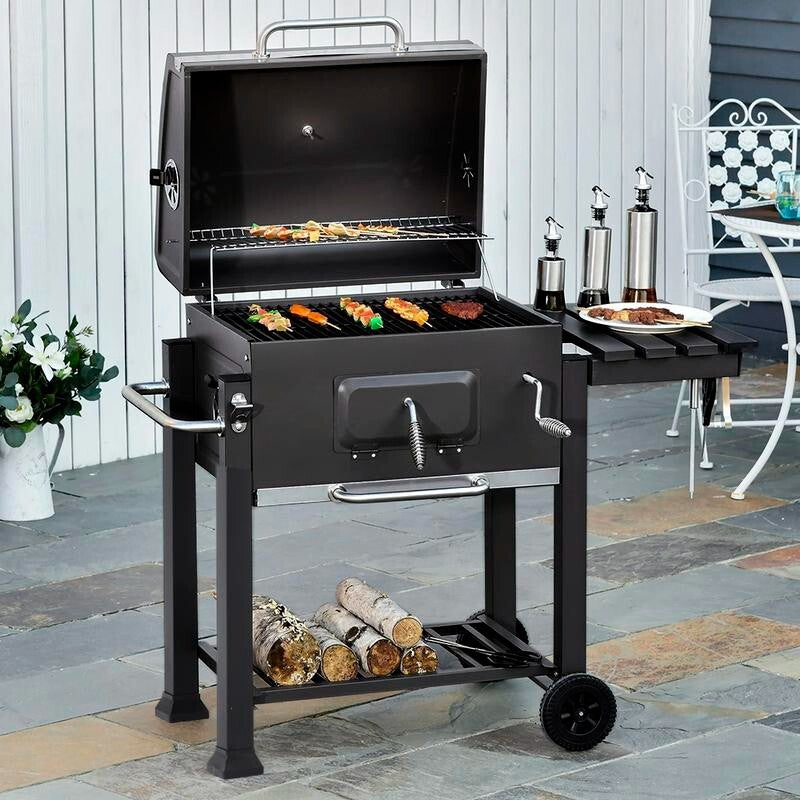 Outdoor Charcoal BBQ Grill with Wheels, Thermometer & Side Racks – 113cm