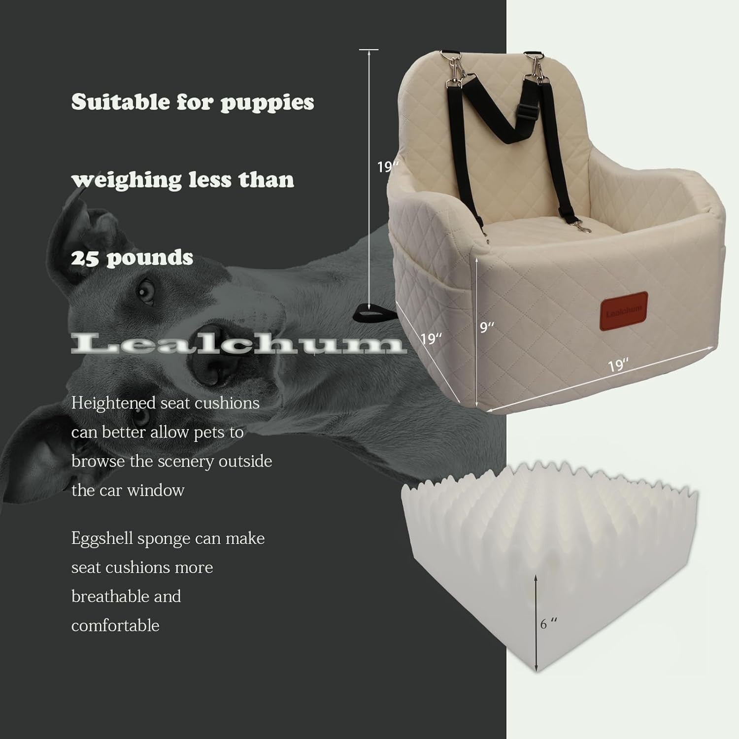 Beige Dog Booster Car Seat Elevated Memory Foam Travel Bed 30lb