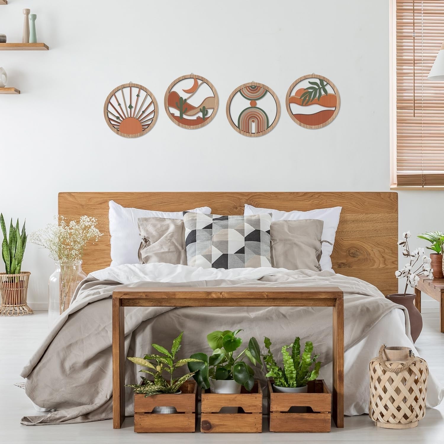 Boho Wall Art 4pcs 10"x10" Geometric Wood Signs Minimalist Decor