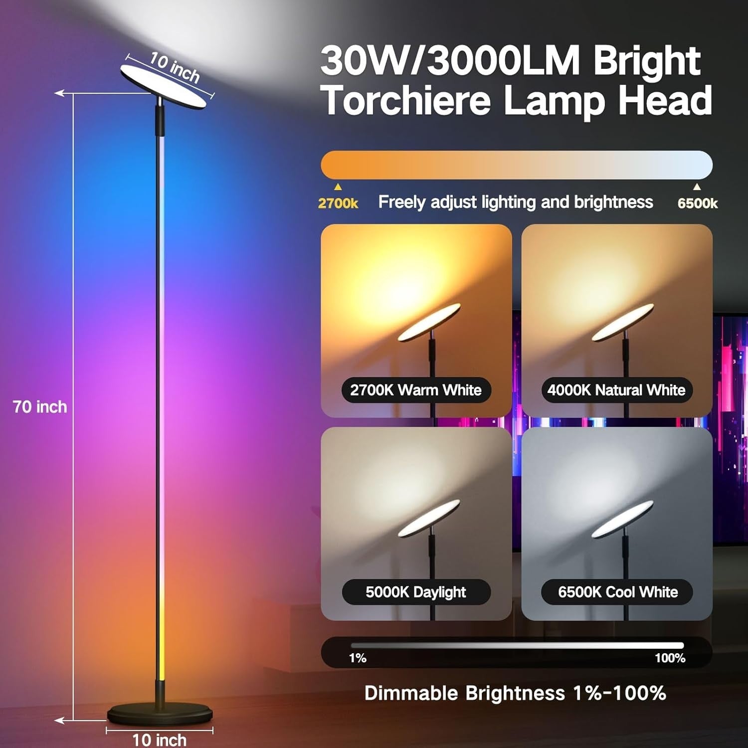 Smart RGBIC LED Floor Lamp 3000LM with WiFi, Music Sync & App Control