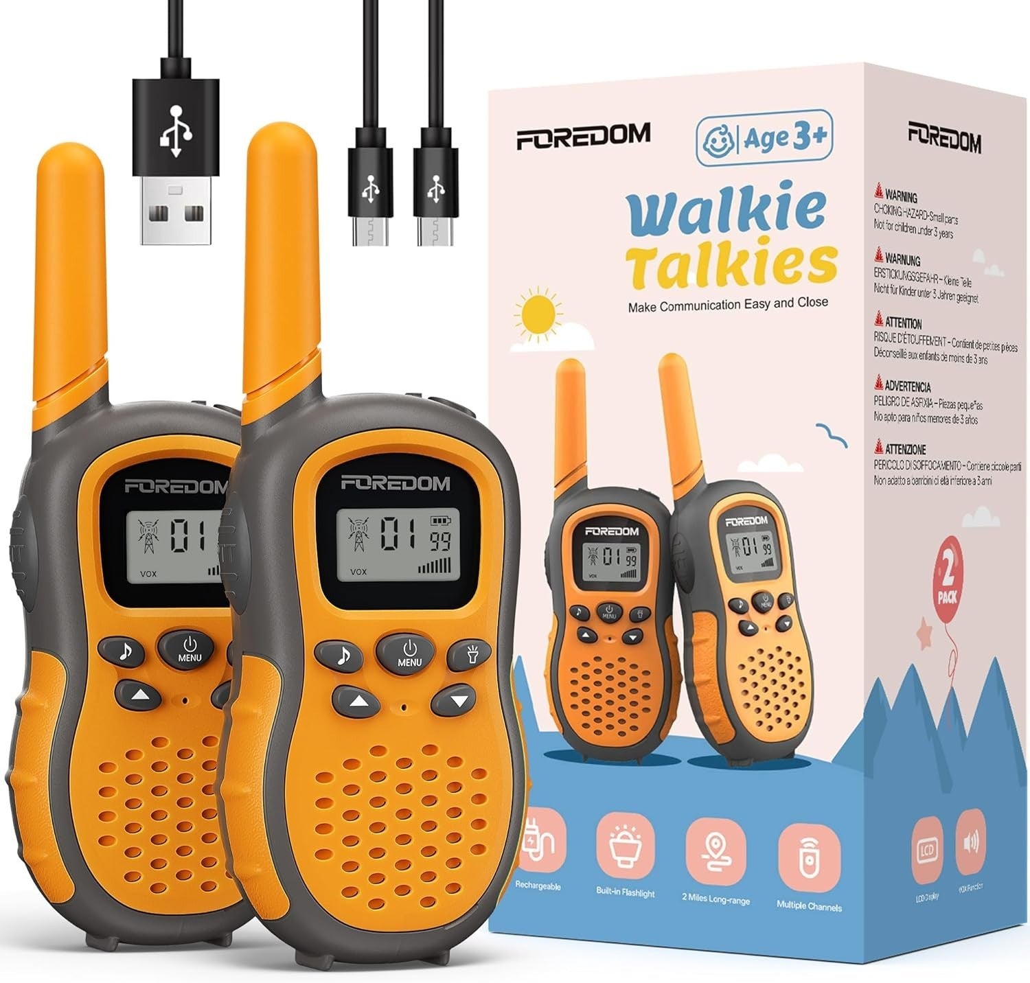 Kids Rechargeable Walkie Talkies 2 Pack Long Range VOX Flashlight Toy