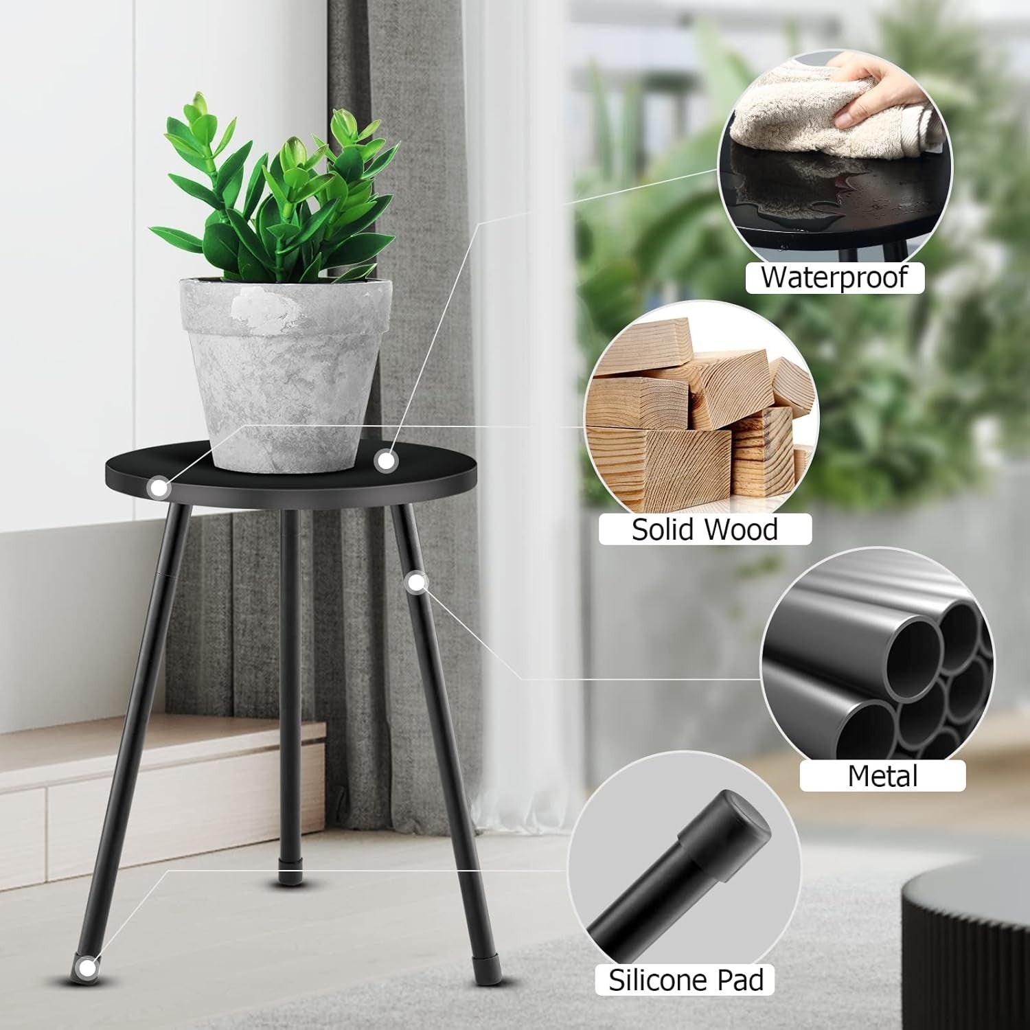 Black Metal Plant Stand Indoor Round Side Table for Flower Pots Modern Home Deco