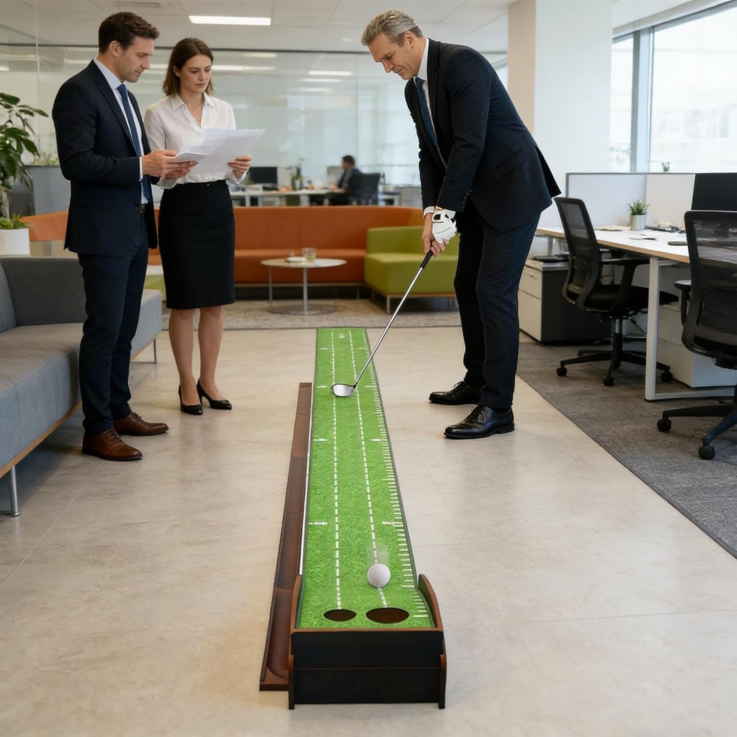 Indoor Putting Green Mat Solid Wood Portable Golf Practice Trainer 63in
