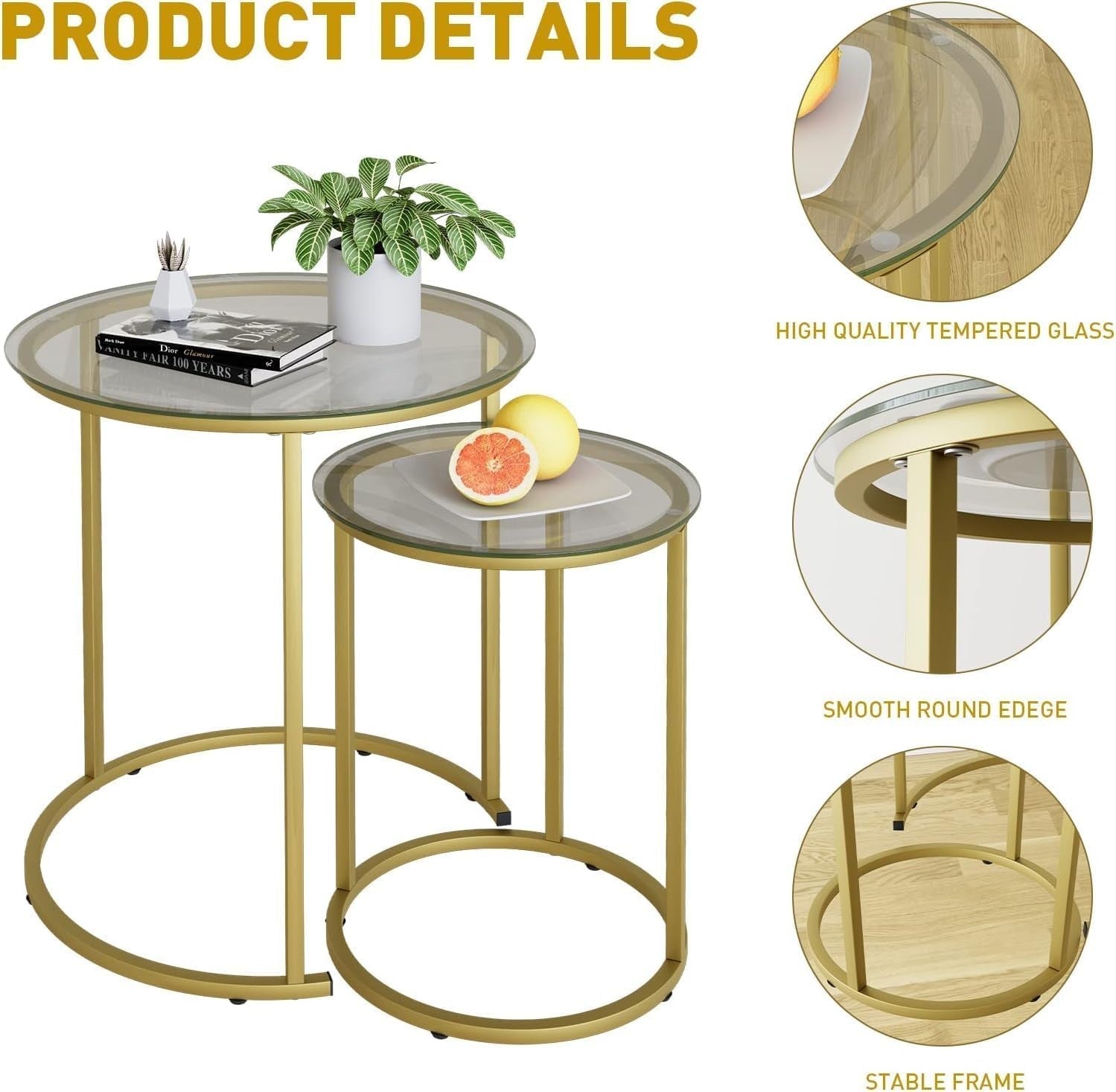 Space Saving Gold Nesting Coffee Table Set 2 Round Glass End Side Tables