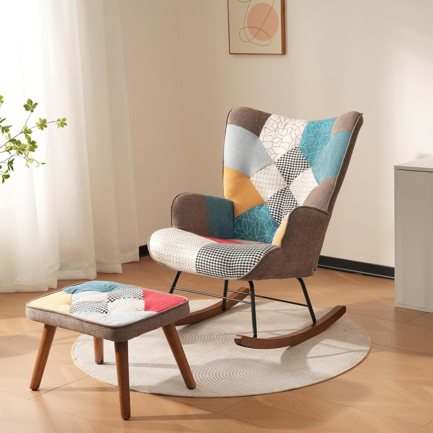 Soft Rocking Chair with Footstool, Solid Wood, Foam Padding, Cozy Reading
