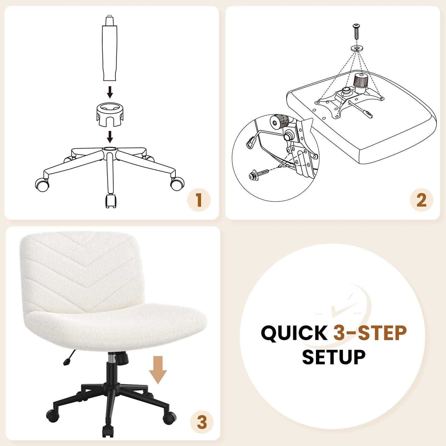 Adjustable Home Office Desk Chair Ivory Armless Swivel Extra-Wide Padded Seat