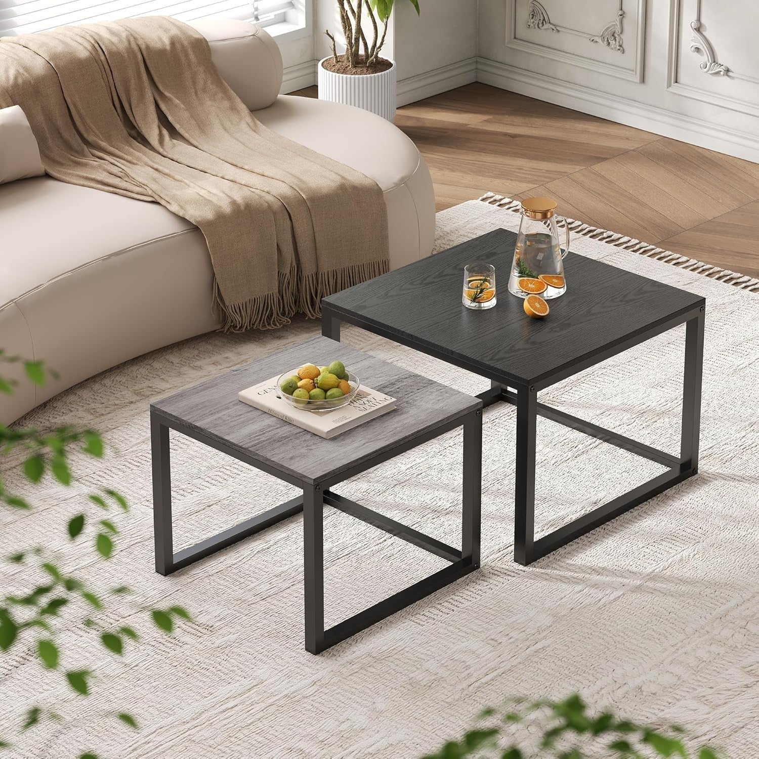 Nesting Coffee Table Set of 2 Modern Square End Side Tables Black-Gray Wood Easy