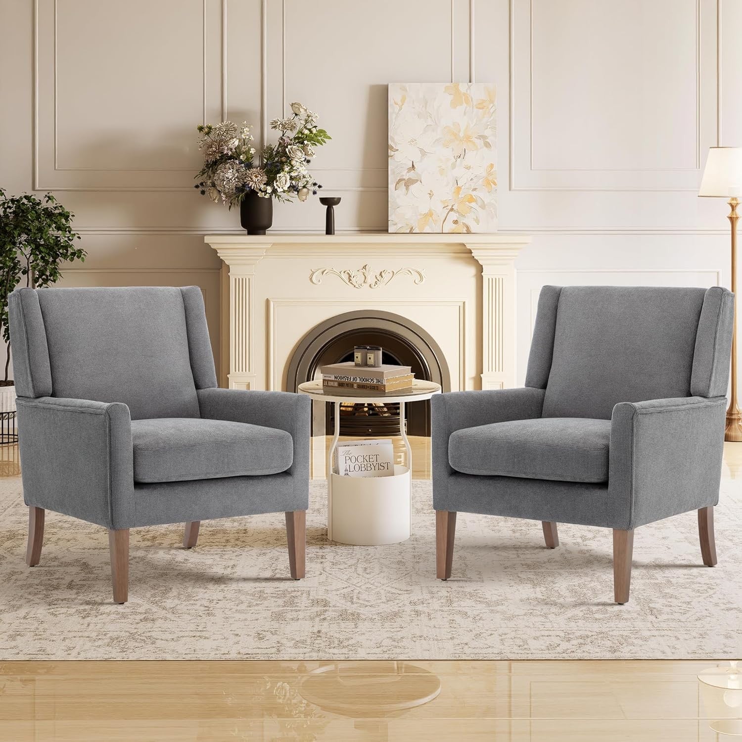 Grey Wingback Accent Armchairs Set of 2 Upholstered Wood Legs