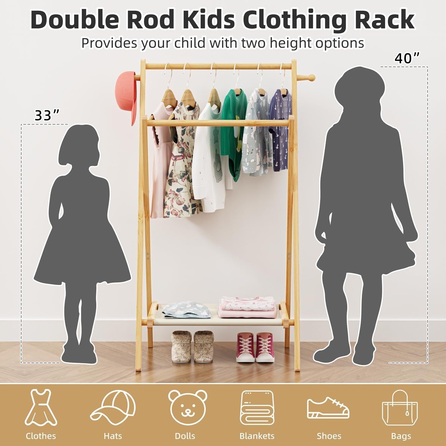 Bamboo Kids Clothing Rack Small Dress Up Rail with Shelf & Double Rods