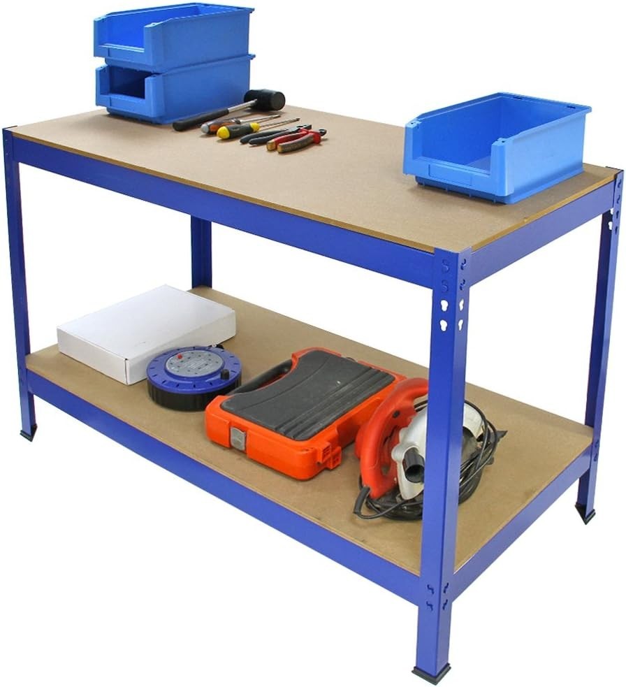 Heavy Duty Garage Workbench 120x60cm Steel Frame Blue with 2 MDF Shelves