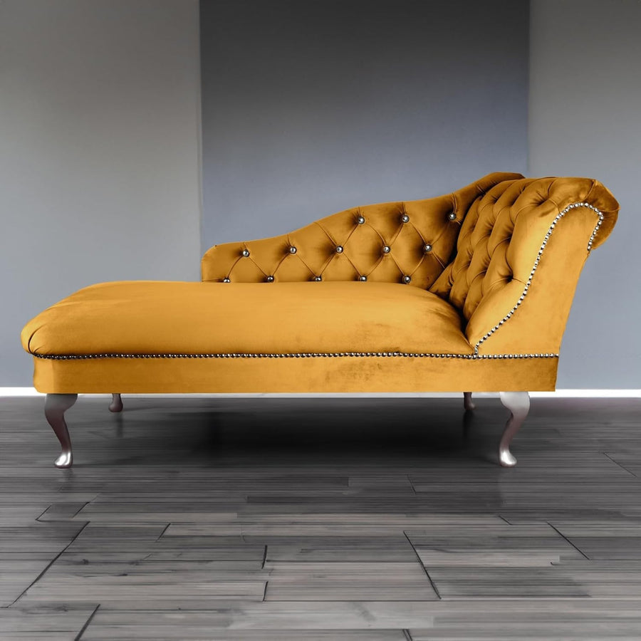 Velvet Chaise Lounge Sofa Right Hand Gold – Tufted Seat, UK Handmade