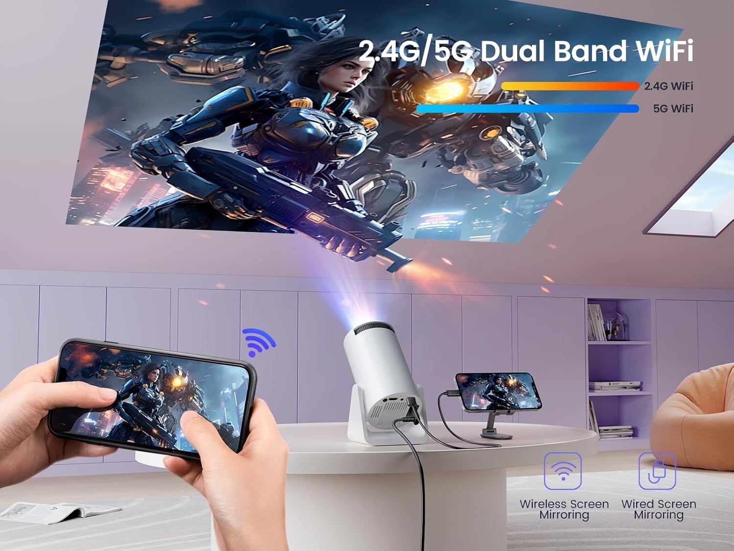 Short Throw Mini Projector 1080P WiFi Bluetooth 270° Auto Keystone 20000L