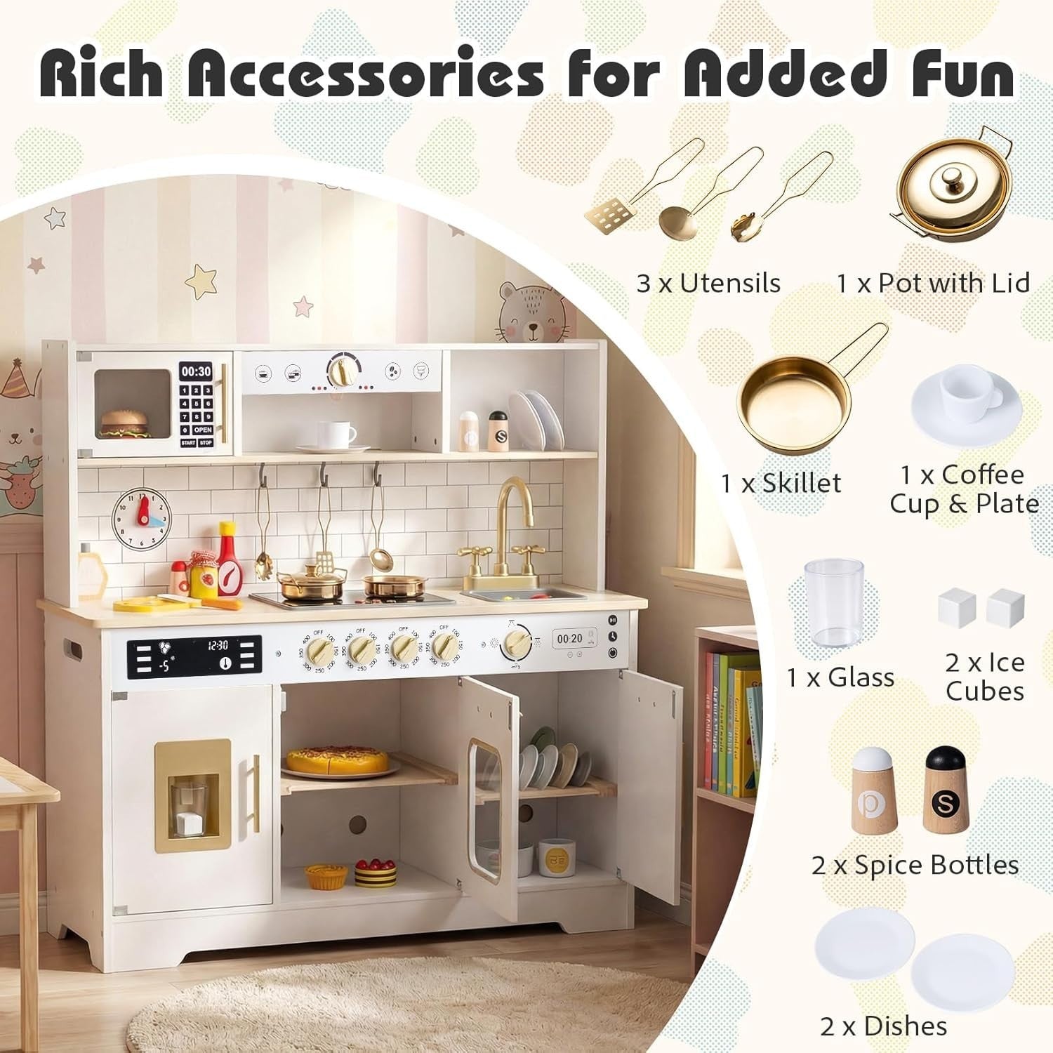 Wooden Kids Play Kitchen White Lights Sounds Coffee Maker Toy Set