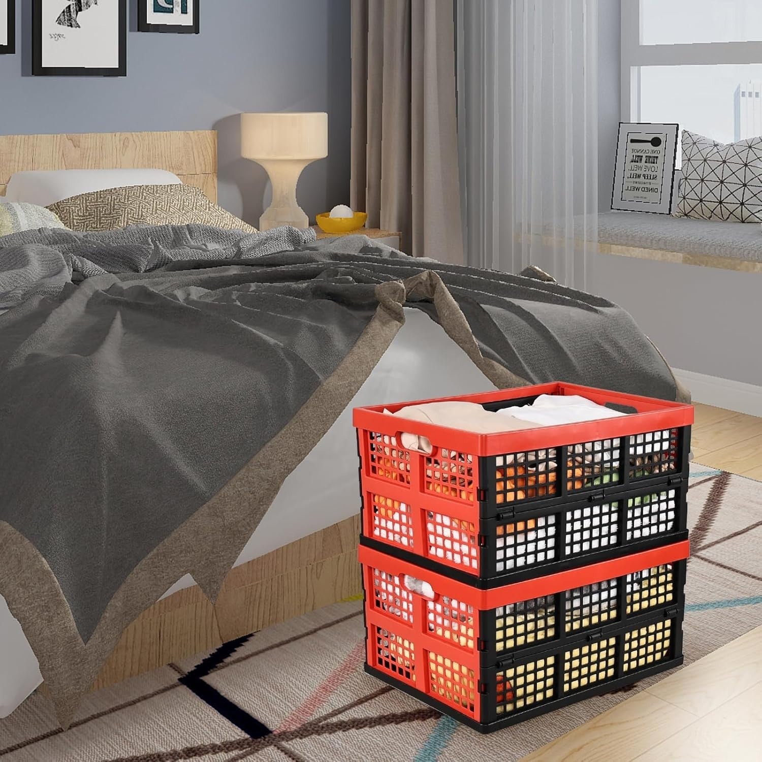 4 Pack 34L Folding Plastic Storage Crates Stackable 43.8x33x23cm