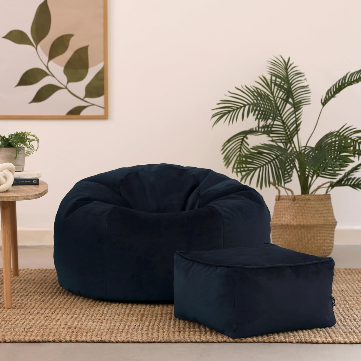 Luxury Velvet Bean Bag Chair w/ Footstool Adult Size Seat for Lounge
