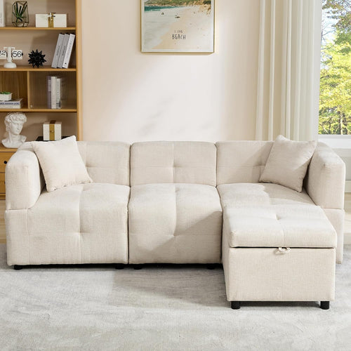 Beige L Shaped Sofa w/ Storage Ottoman 4 Seater Couch for Small Spaces