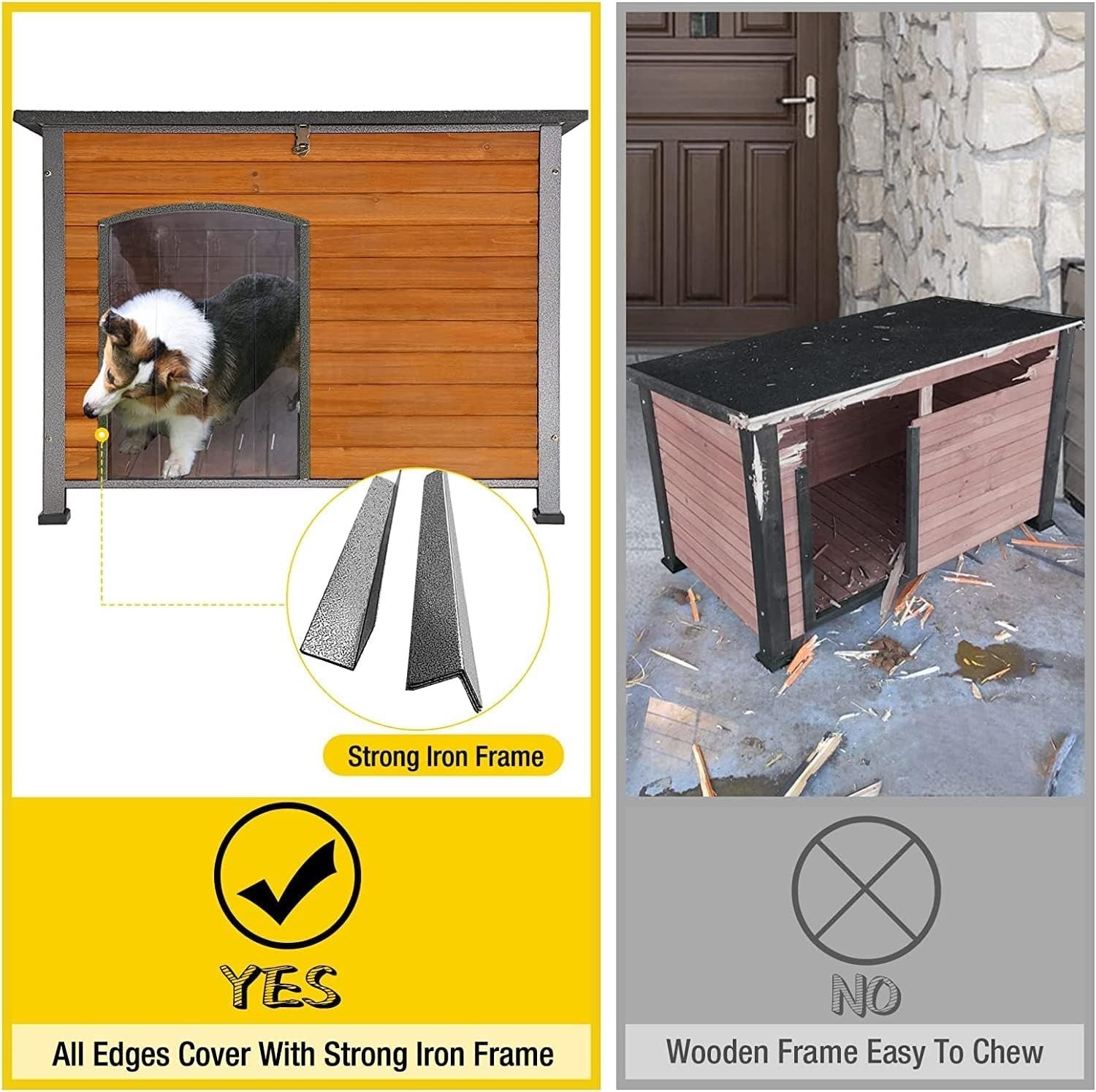 Insulated Wooden Dog House with Iron Frame Weatherproof Elevated Kennel