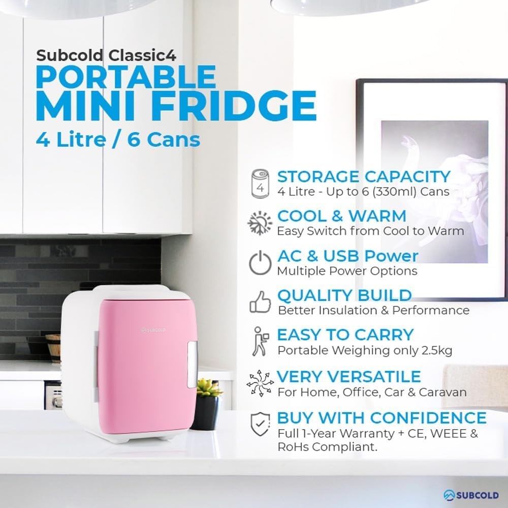 4L Mini Fridge Cooler & Warmer Portable USB AC Compact White/Pink