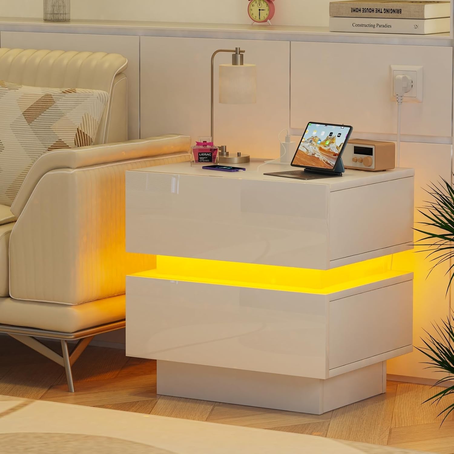 White LED Bedside Table with Charging Station 2-Drawer Modern Nightstand