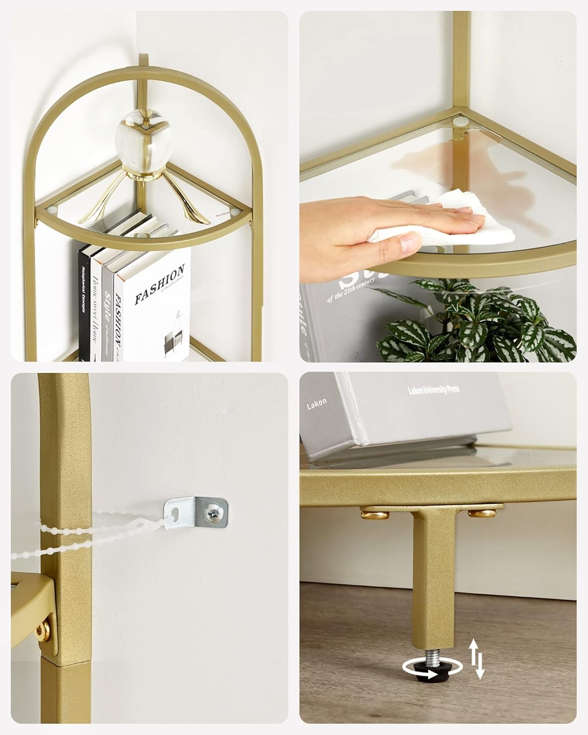 5-Tier Gold Corner Shelf Tower Modern Glass Display Unit for Living Spaces