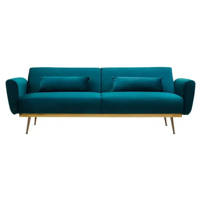 Green Velvet Sofa Bed 3 Seater w/ Gold Legs & Folding Back Modern