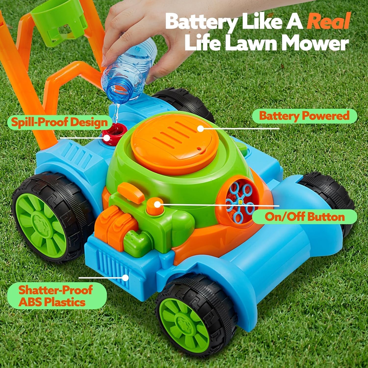Bubble Lawn Mower Toddler Push Toy Outdoor Bubble Machine Blue Kids