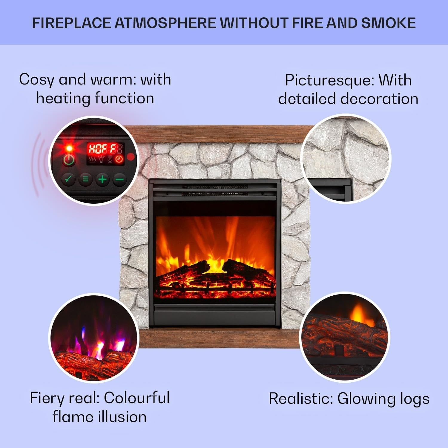 Freestanding Electric Fireplace Heater 1800W LED Flame Timer Remote Control
