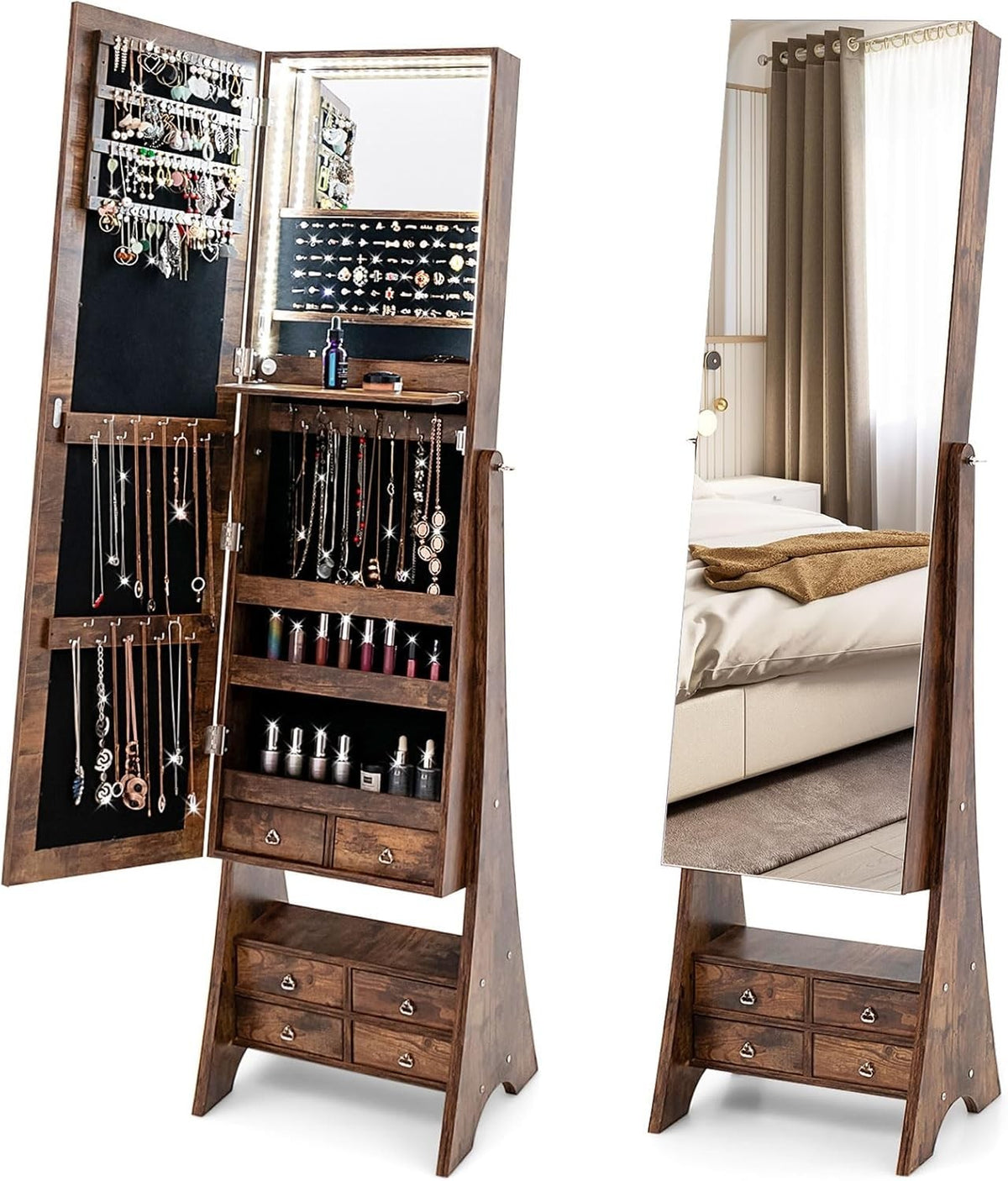 LED Mirror Jewelry Cabinet Floor Standing Vanity Organizer with Drawers