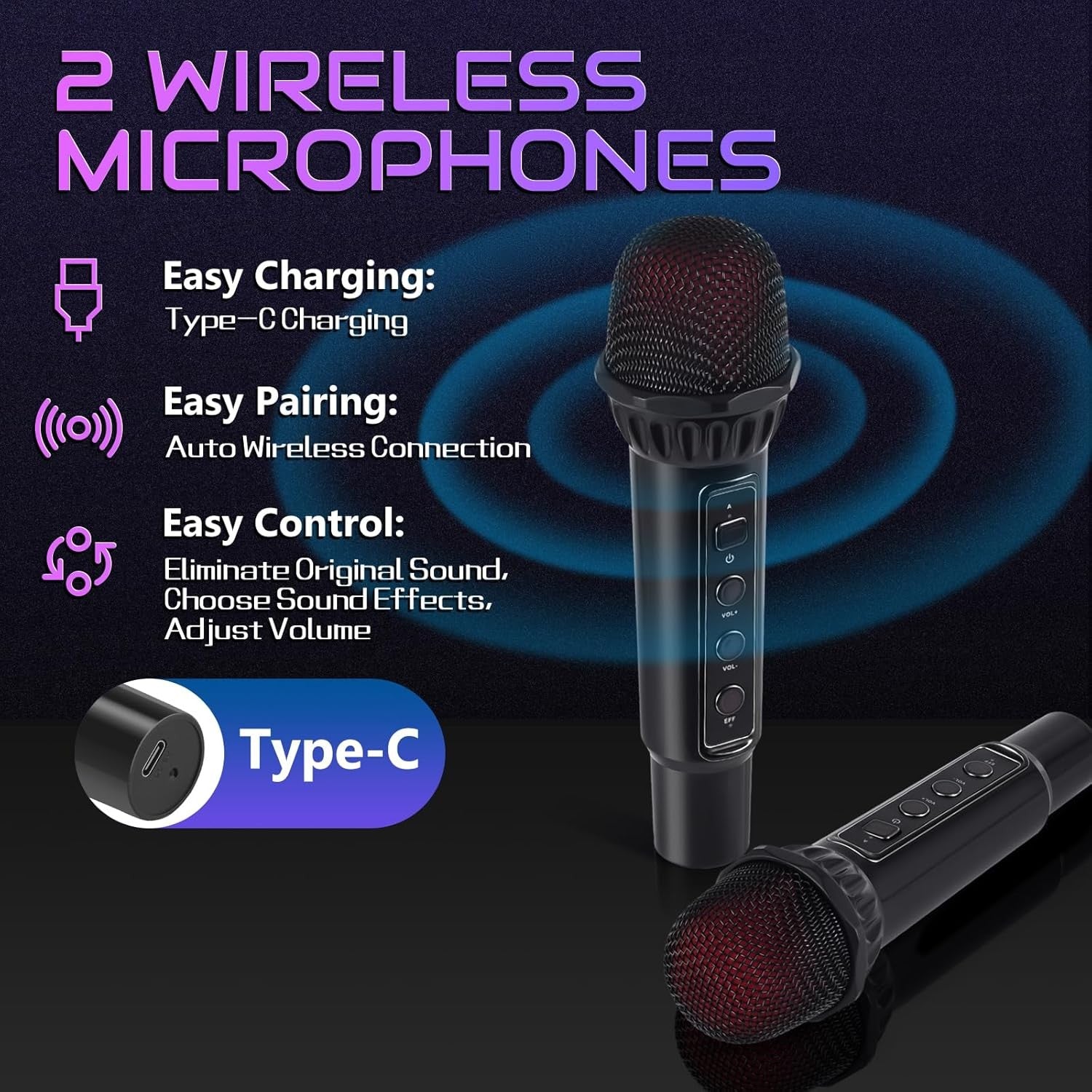 Portable Karaoke Machine 2 Mics Bluetooth Speaker with LED Lights Black