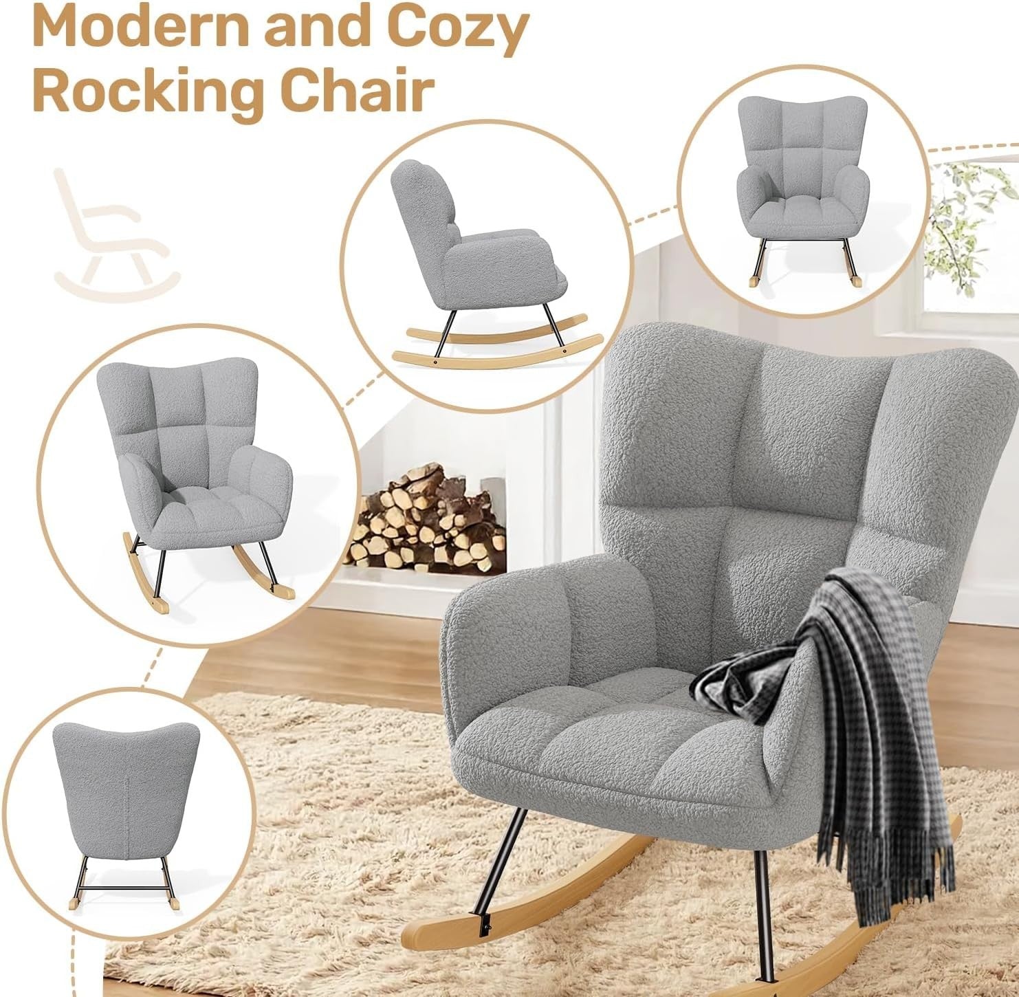 Lambswool Rocking Chair Grey Armchair High Back Comfy Nursery Lounge Seat