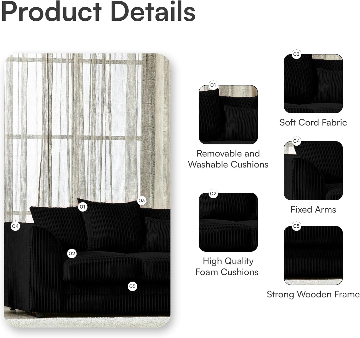 Black Jumbo Cord 4-Seater Corner Sofa Left Hand Facing | Durable Comfort